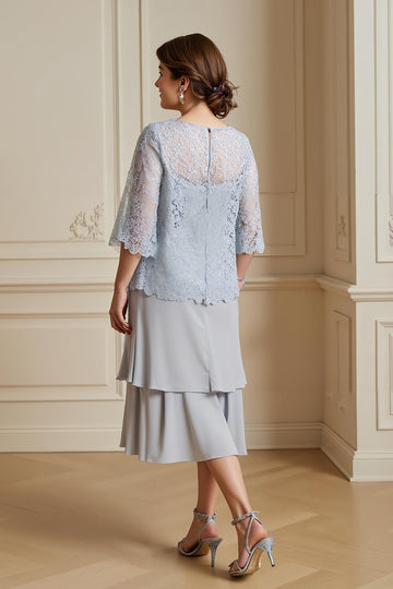 Argent A-ligne niveaux mousseline de soie dentelle manteau 2 pièces mère de la mariée robe